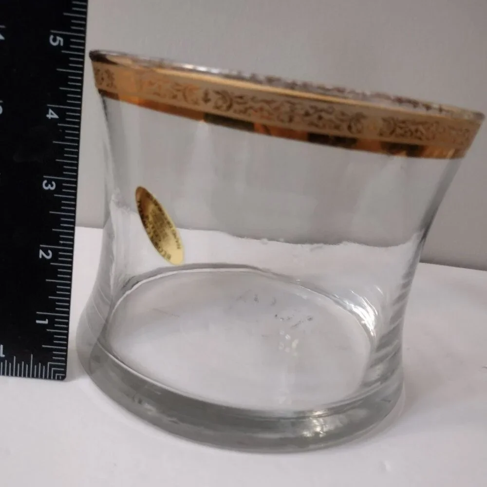 Vintage CELLINI Blown Crystal Bowl / Glass Ice Bucket, 24Kt Gold Trimmed Rim 6